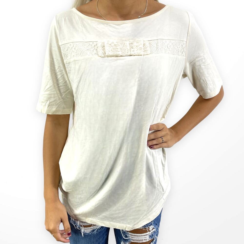00s Ann Taylor Vintage Cream Boat Neck Half Sleeve Lace Bow Blouse